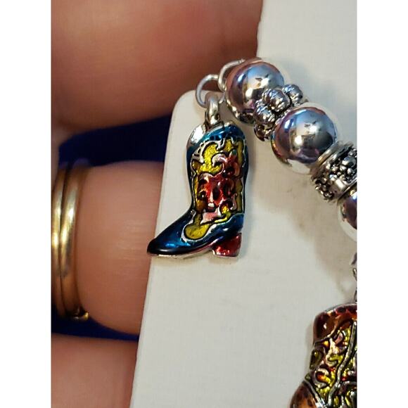 Colorful Western Boot Charm Stretch Bracelet, Yellow & Silver Tone Beads, New - Picture 3 of 8